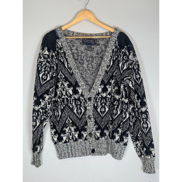 Vintage 90s Black White Cosby Button Front Cardigan Mens Large Funky Grandpa Dad - Picture 1 of 8